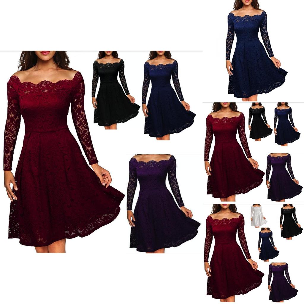Elegant Women's Vintage Lace Boat Neck Formal Wedding Cocktail Evening Party Swing Dress
