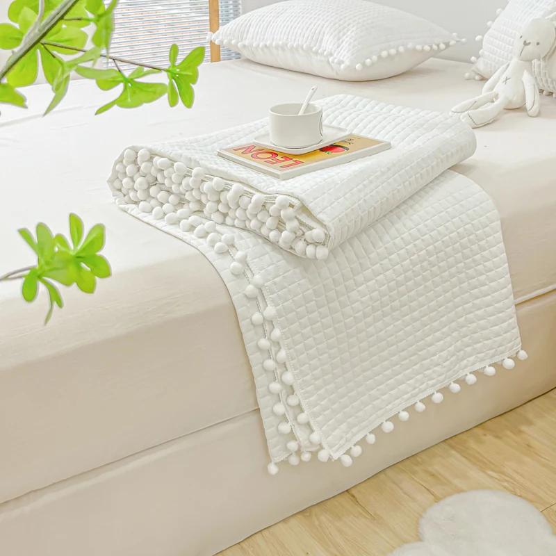 INS Style White Ball Edge Quilted Quilt Blanket Bedspread Washed Solid Color Korean Princess Style Summer Thin Quilt