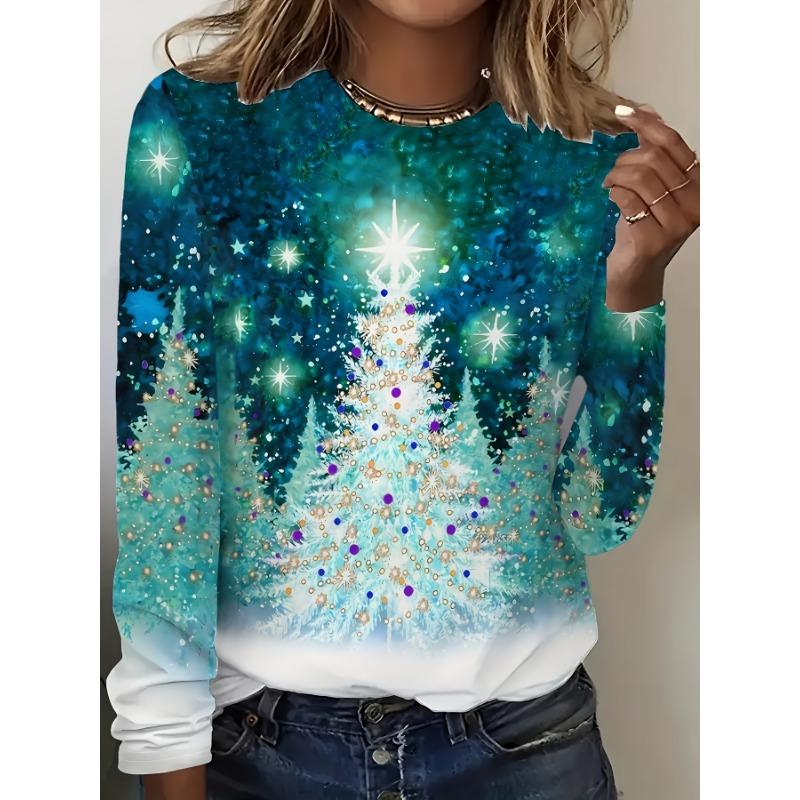 Women's Casual Christmas Tree Gradient Print Long Sleeve T-Shirt - Shiny Snowflake Star Design, Casual Crew Neck Top