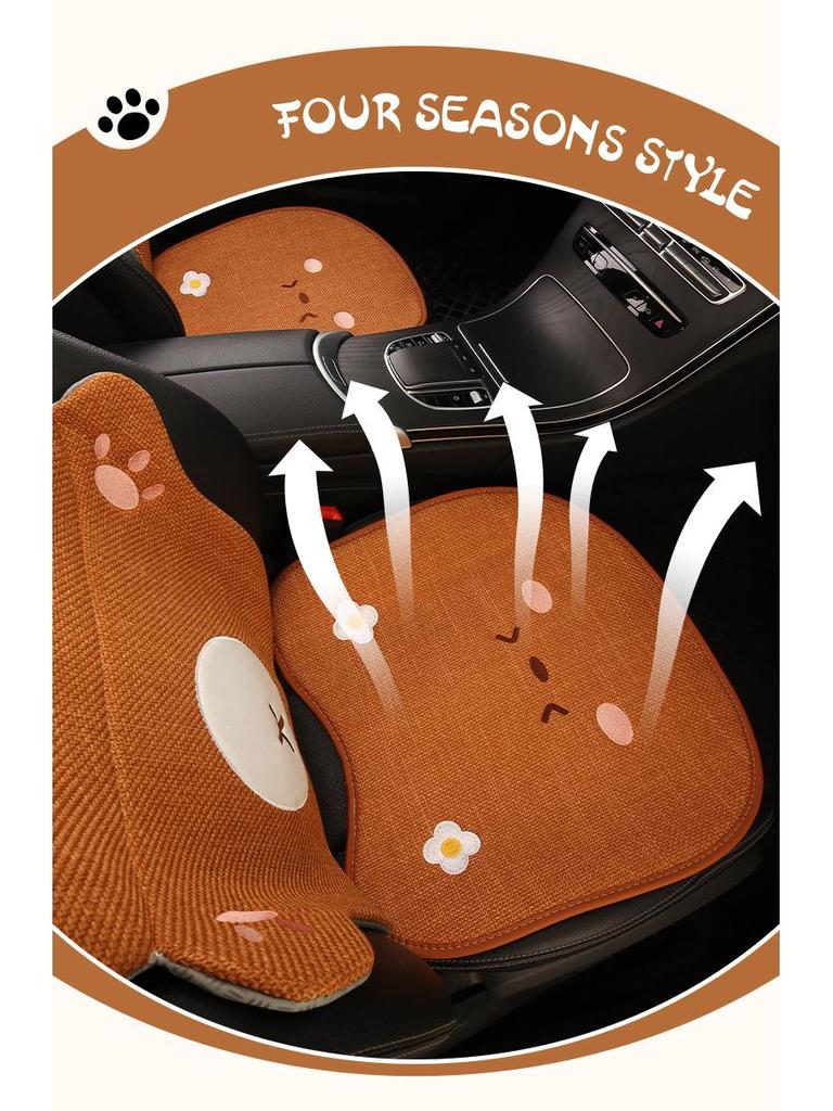 Universal Car Seat Cushion - Cute Cartoon Bear Design for Leapmotor C10/B01/B10/C11, Cotton Linen Fabric for All Seasons