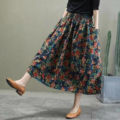 Blumenrock Sommer Hohe Taille A-Linie Elastischer Bund Retro Bedruckter Midirock