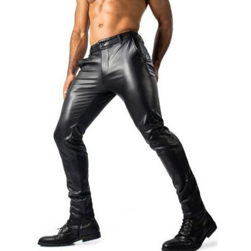 Pantaloni Lunghi Casual Skinny Elasticizzati Slim Fit in Ecopelle PU da Uomo