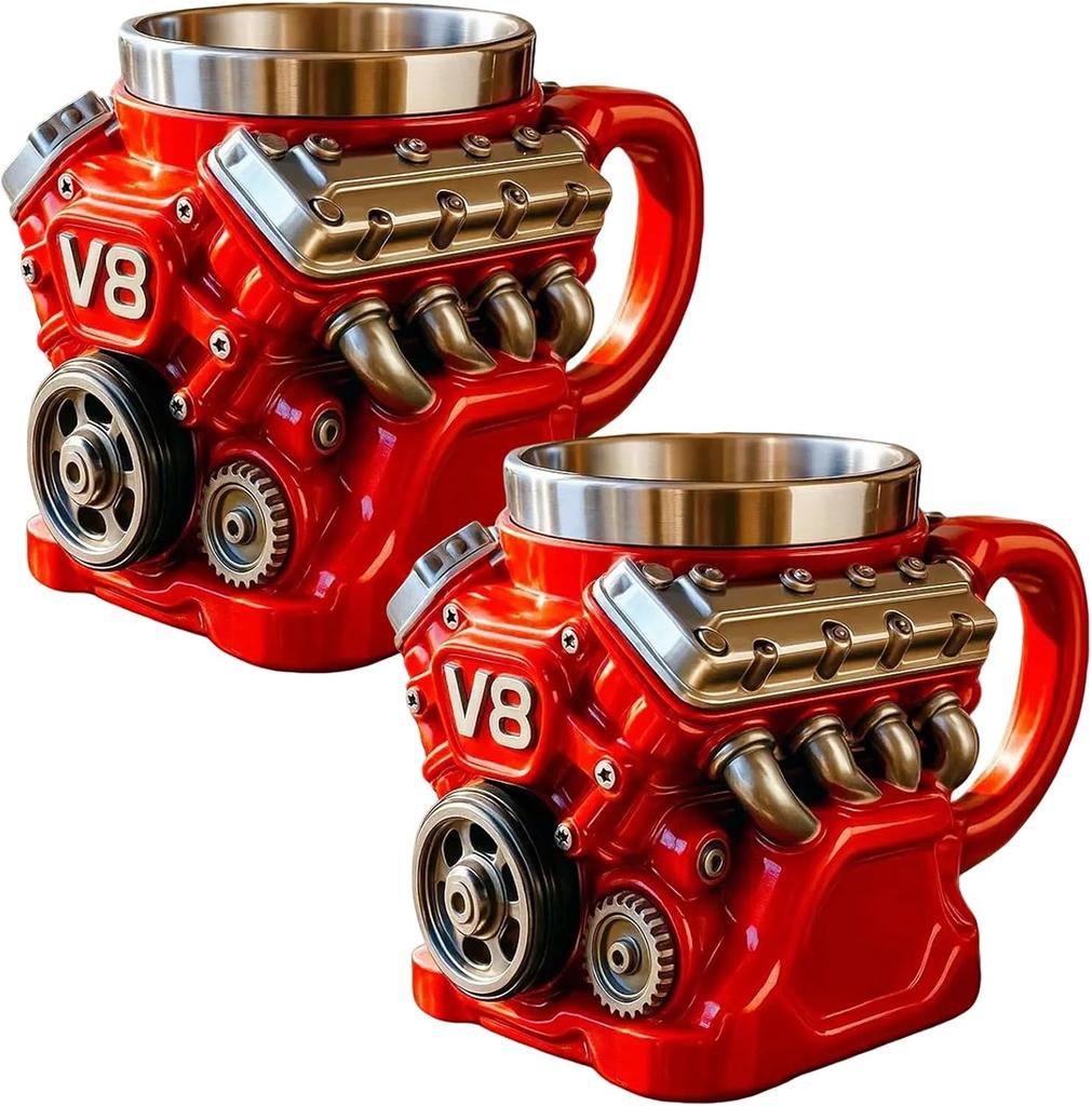 Retro Engine Coffee Mug, V8 Engines Stainless Steel Cup, Personalized Double Wall Insulation Car Mug with Handle Perfect for Father's Day, Christmas