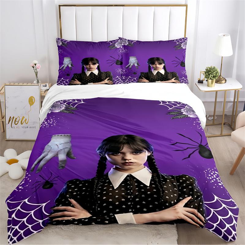 Dark Style Girl with Braids Print Bedding Set, Black & Purple Bed Linen(1 * Duvet Cover + 2 * Pillowcase, Without Core)