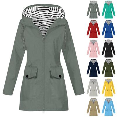 Women Stripe Rain Jacket Outdoor Plus Hooded Raincoat Windproof