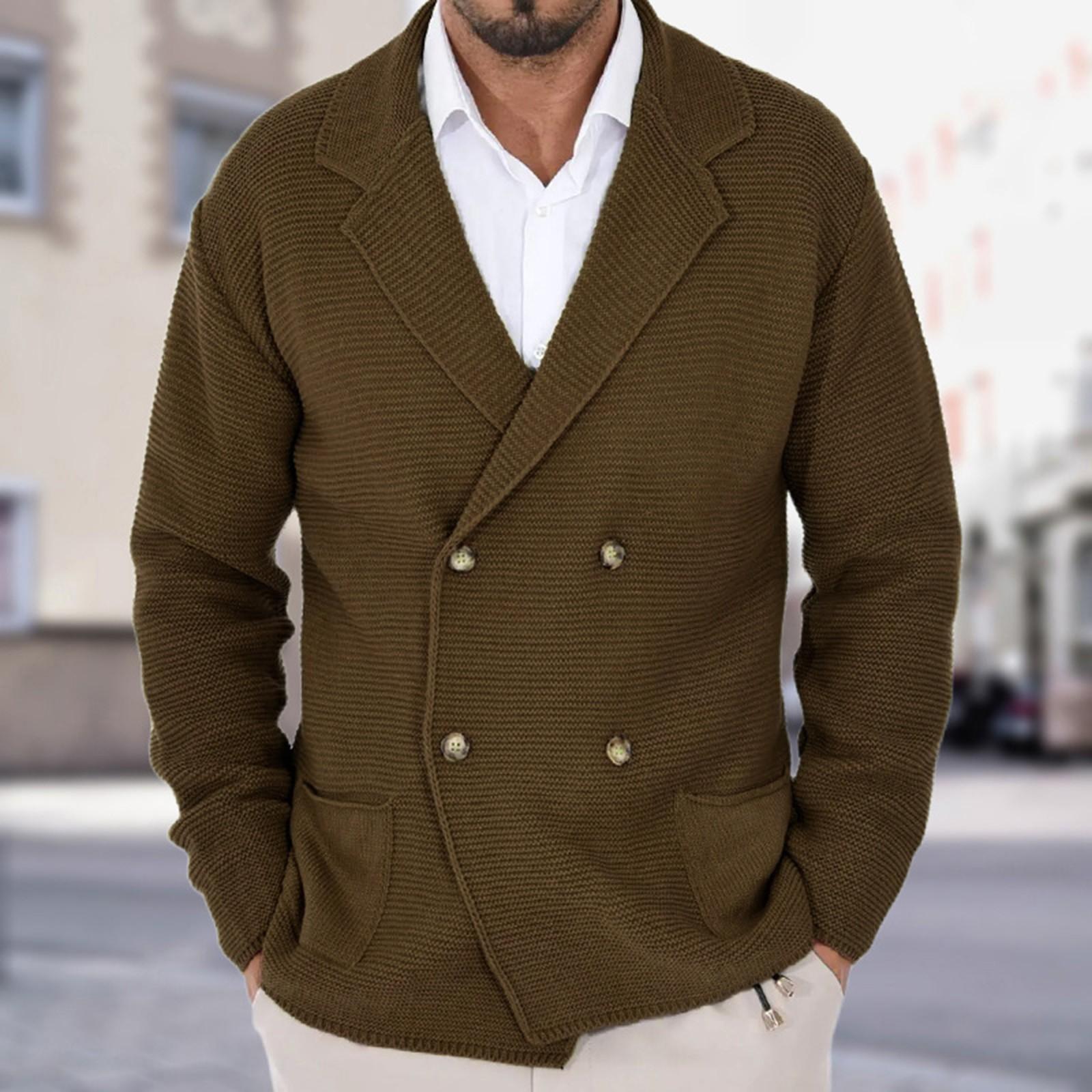 Men s Solid-Color Knitted Cardigan, Slim-Fit Cuban Collar, Turn-Up Collar, Double-Breasted Sweater M коричневый