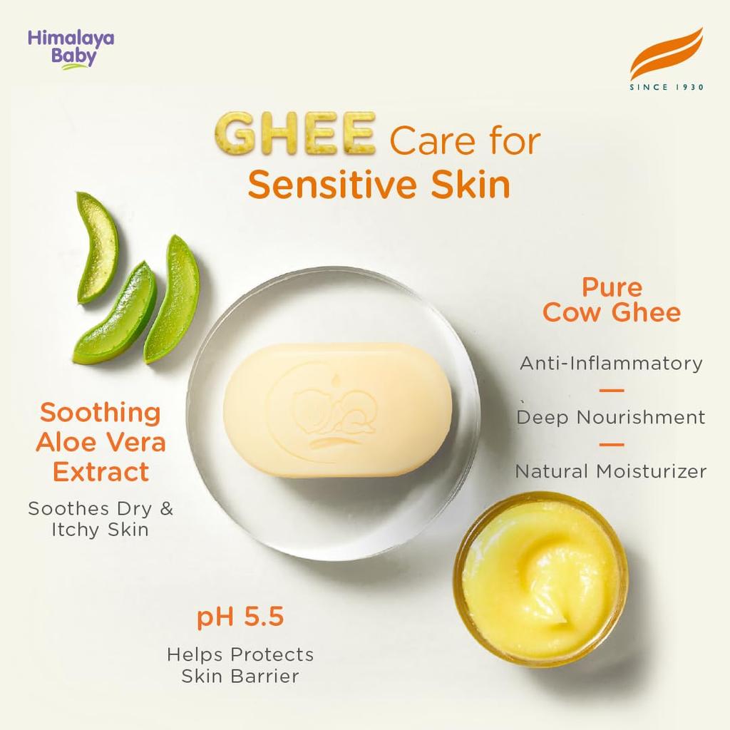 Himalaya Baby Bar with Pure Cow Ghee and Aloe Vera, Gentle Soap-Free Bar for Sensitive Newborn Skin, 125g Pack of 1