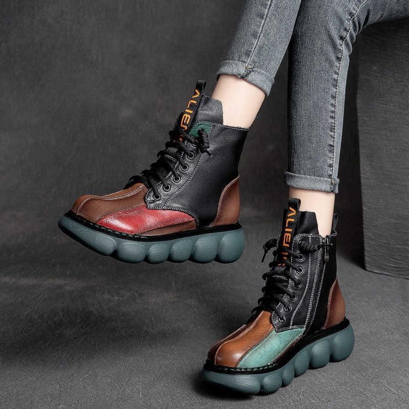 

Autumn new lace-up short boots thick-soled muffin rainbow retro soft leather women s boots fashion flow contrasting color Martin boots 35 чёрный