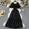 French retro square neck small flying sleeves waist hot diamond chiffon dress women's summer thin temperament drape long skirt