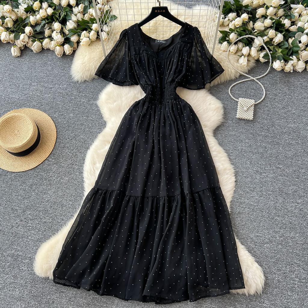 French retro square neck small flying sleeves waist hot diamond chiffon dress women's summer thin temperament drape long skirt