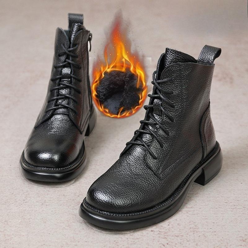 Damen Stiefeletten Rindsleder Stiefel Damen Lederstiefel Runde Spitze Schnürung Leder Kurzer Schaft Winter Samt Kurze Stiefel Frau