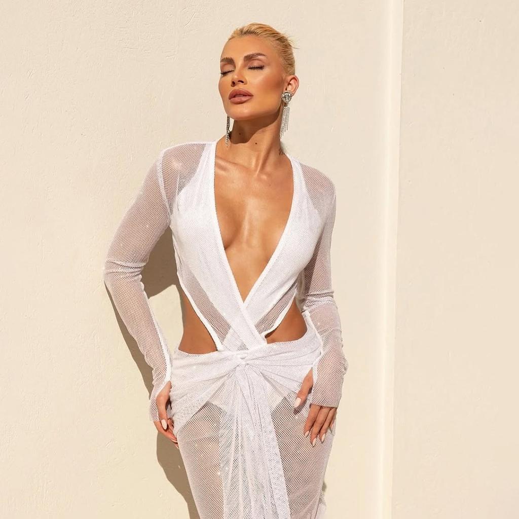 European and American style spring new women's clothing deep V mesh long-sleeved see-through waist sexy split dress