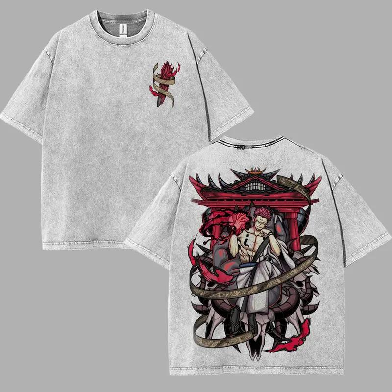 Ryomen Sukuna Jujutsu Kaisen Anime T-shirt For Men's Clothing Vintage Washed Oversized T Shirt Pure Cotton Casual Tees Tops