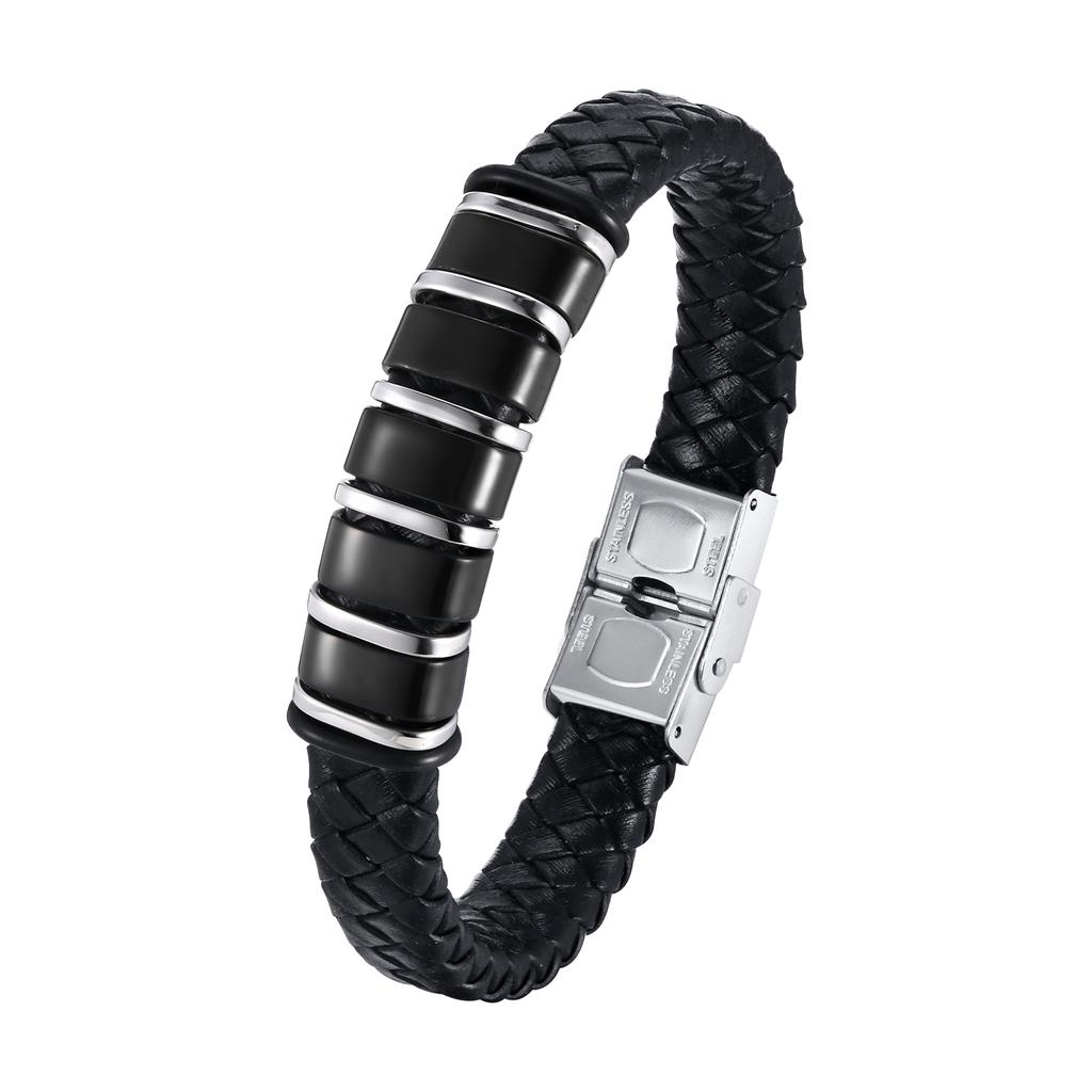 Vnox Free Personalized Family Names Stainless Steel Beads Bracelets Gift for Dad Grandpa, Mens Leather Wristband,Christmas Gift