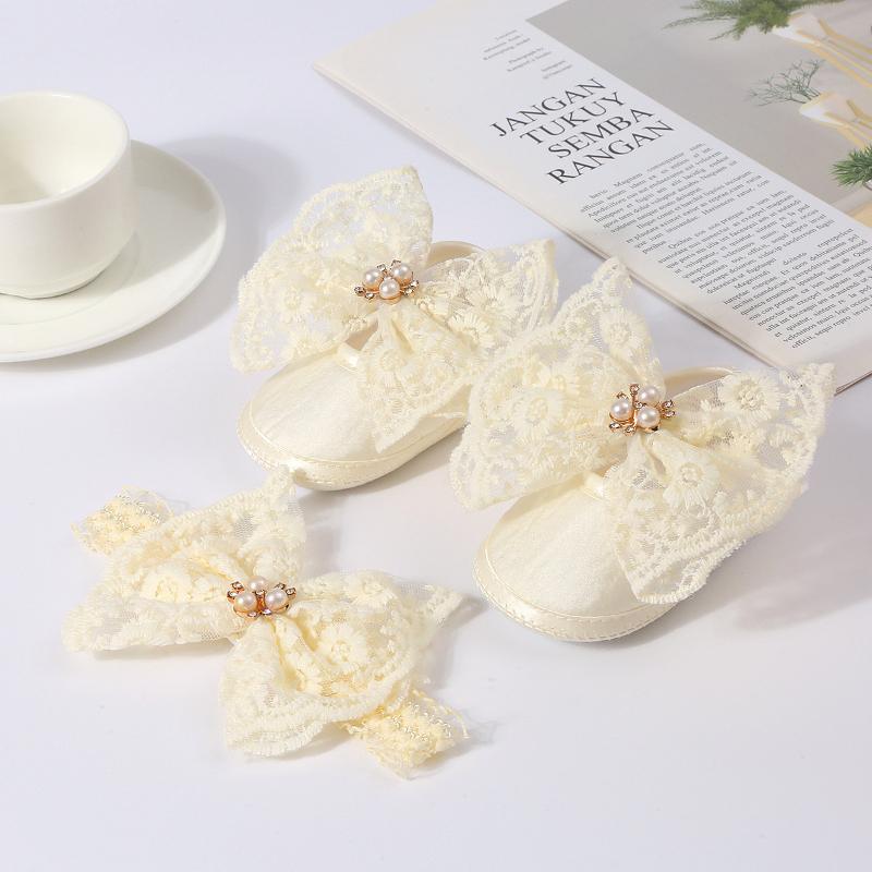 

1Set Baby Soft Sole Lace Pearl Glued Toddler Shoes with Big Bow Headband Set Solid Floor Socks Girls Boys Socks Headwear S(0-6 Months) бежевий