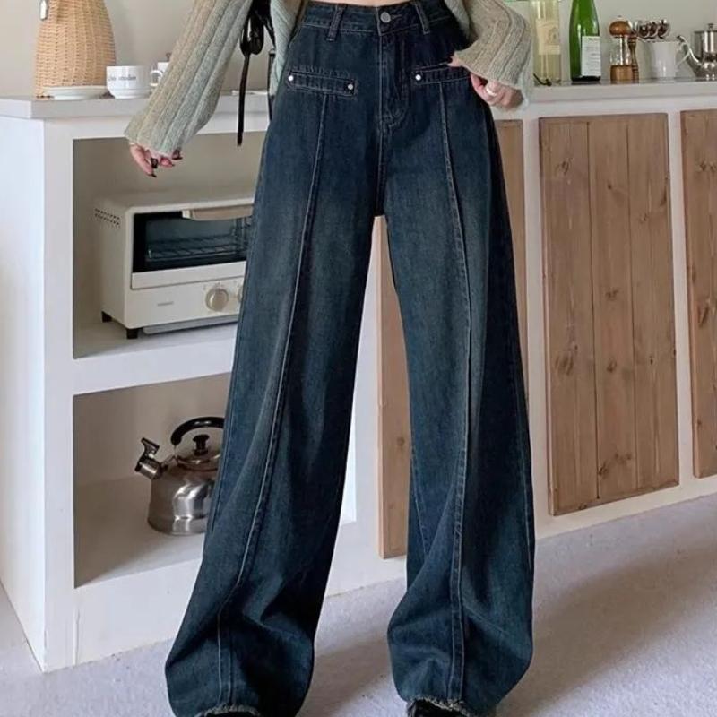 Women's American Retro Denim Jeans for Spring Autumn with Design Sense High Street Loose Slimming High Waist Straight Leg Wide Leg Floor-length Pants