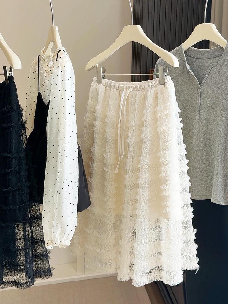 Elegant Layered Mesh Cake Skirt: Women's High-Waisted Mid-Length for 2026 Spring/Summer