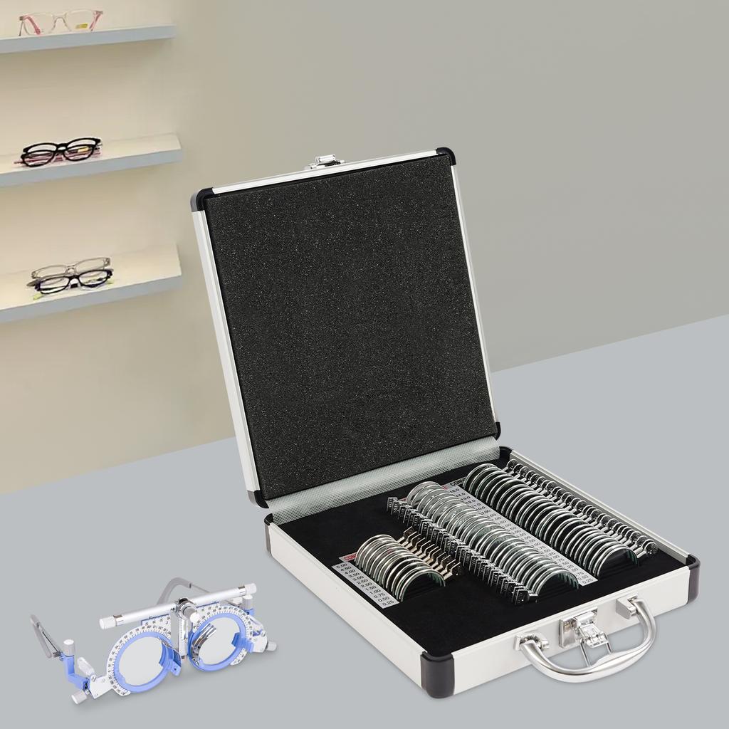 68 PCS Glass Aluminum Trial Lens Set with Storage Case,Silver 24*22*5.5cm Trial Lens Sete for Optometrists