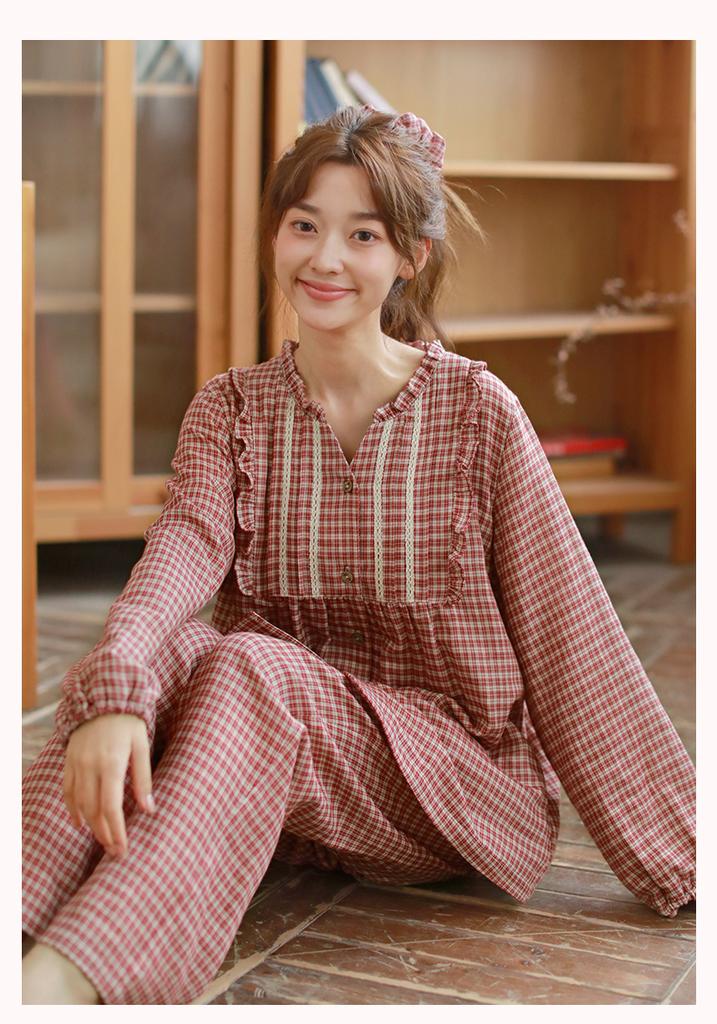 Ladies' Autumn Countryside Elegant Small V-neck Long-sleeved Pants Home Clothes Set