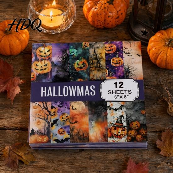 No Burrs Cutting Paper 12 Sheets Purple Gothic Halloween Scrapbook Paper, Double Sided Decorative Craft Pumpkin Ghost Bat for Card Making, Origami,