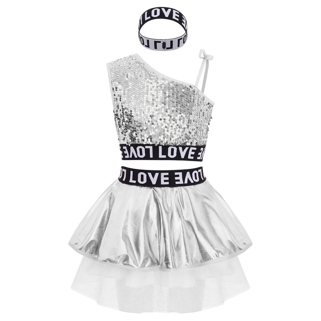 Girls 3 Piece Hip Hop Jazz Dance Costume One Shoulder Sleeveless Sequin Vest Metallic Tutu Skirt Letter Printed Hairband Set
