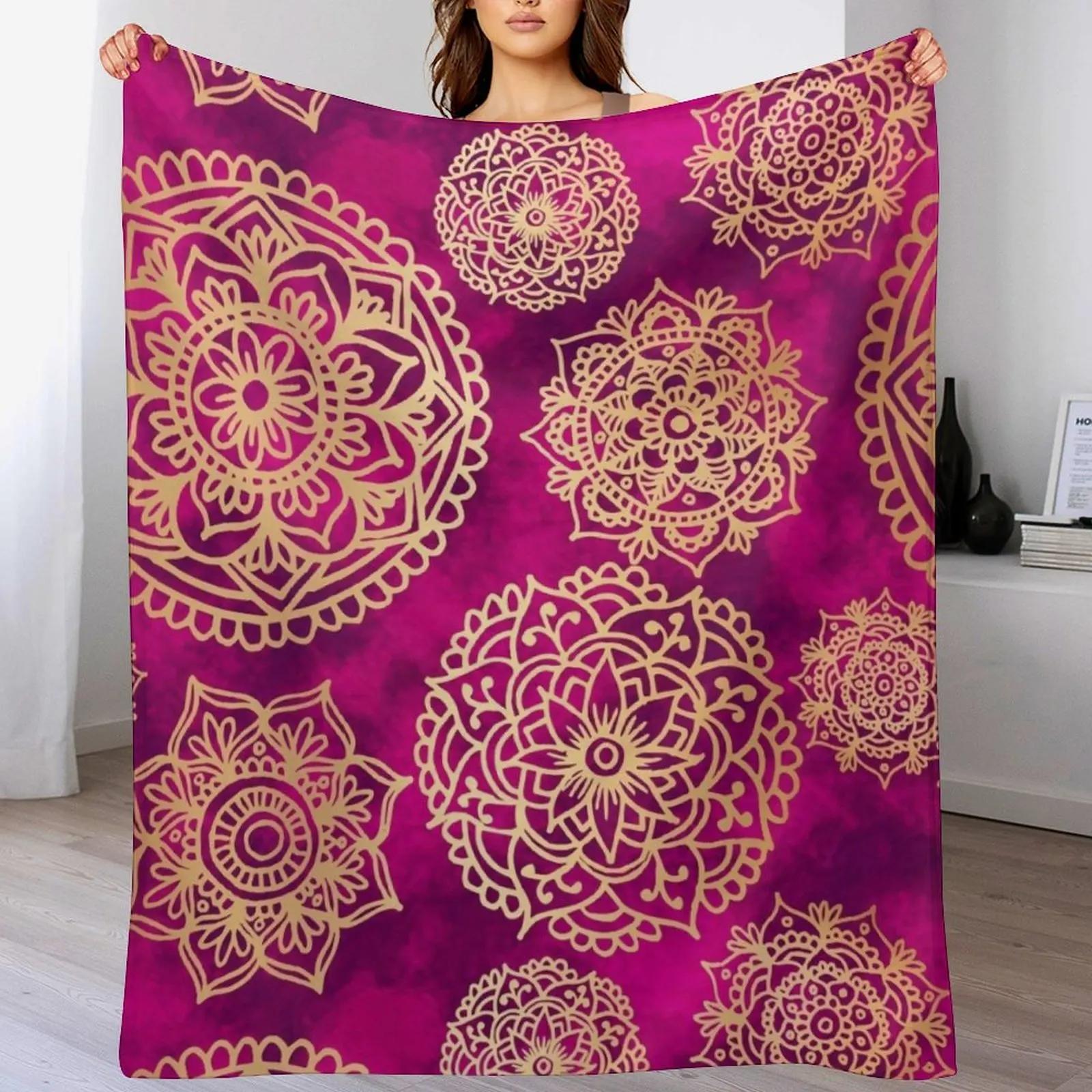 Pink and Gold Mandala Pattern Throw Blanket Soft Warm Blanket Gift for Grandparents 102x76cm(40x30in)