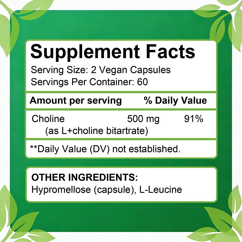 Choline (Comme L+Bitartrate de Choline) Complément alimentaire de 500 mg, 120 gélules par flacon