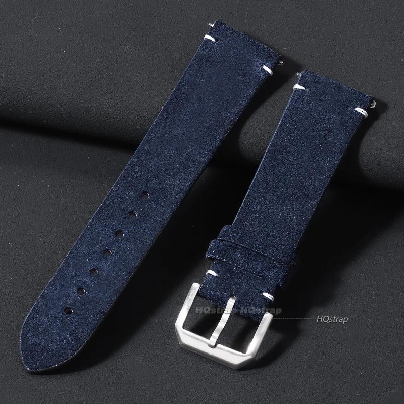 

Quick Release Soft Suede Strap Wristband 20mm 22mm Brown Watch Bands Calfskin Bracelet for Women Men Handmade Stitching Band 20mm темно-синього кольору