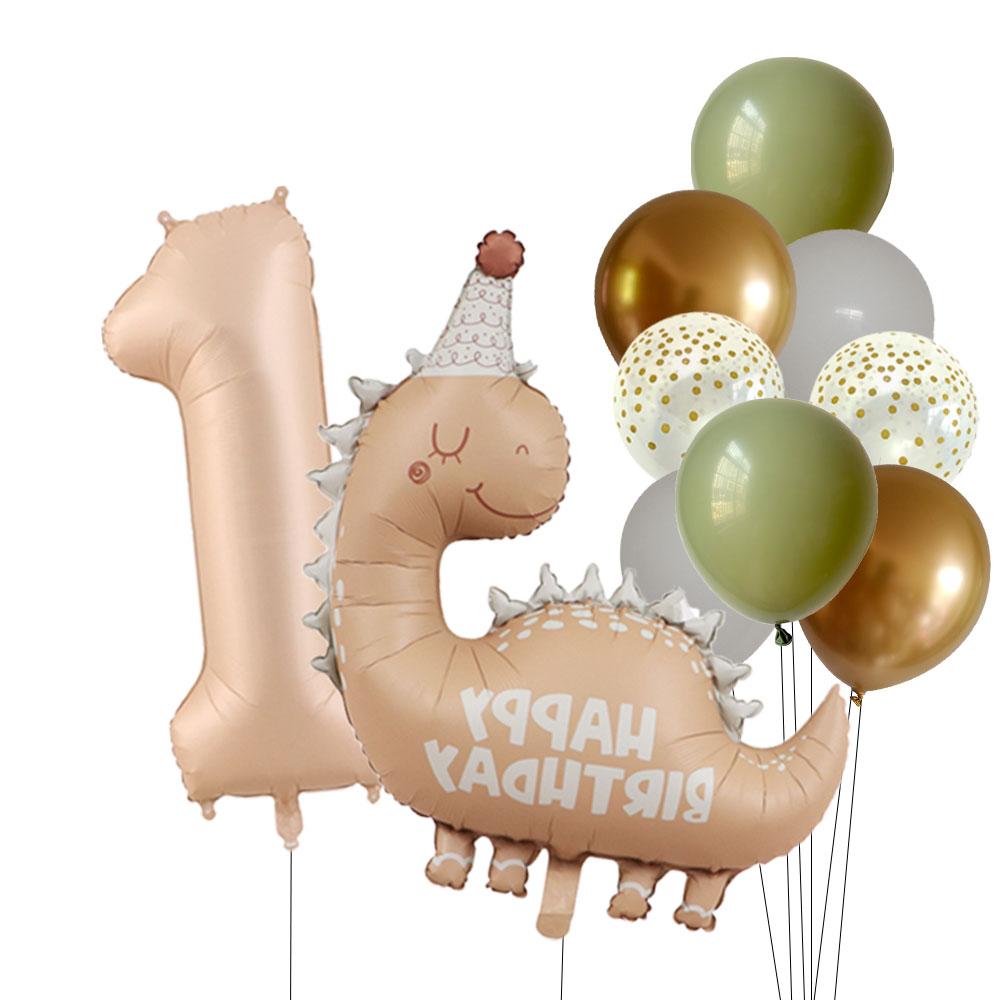 Retro Matte Caramel Colored Dinosaur Aluminum Film Number Balloon Set Happy Birthday Party Decoration Kids Background Photo Prop