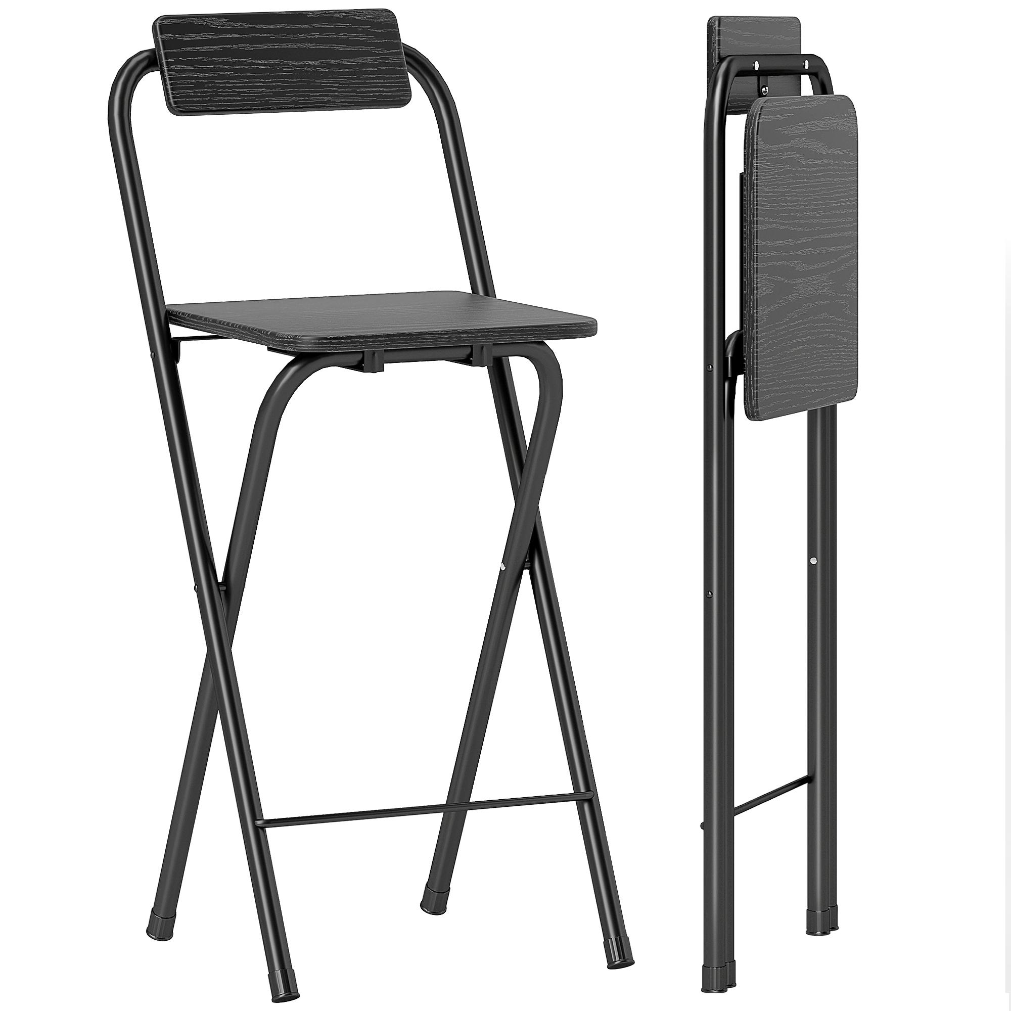Összecsukható bárszék készlet 2 db-ból, háttámlával és lábtartóval, acél vázzal, 87 cm magas, fekete 45 x 37 x 87 cm