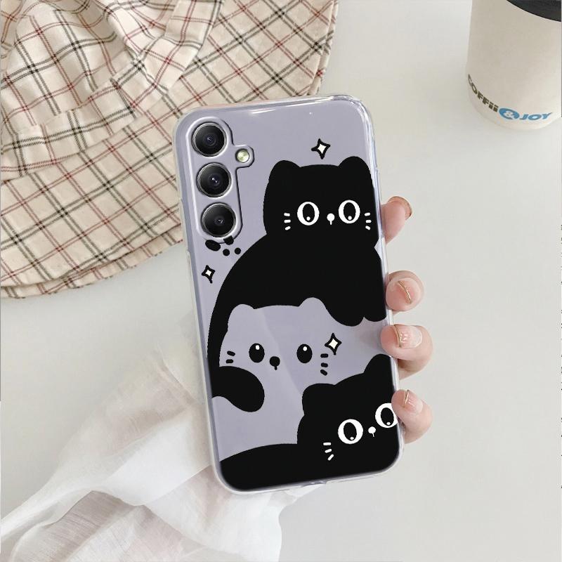 Husă din silicon cu pisică neagră drăguță, moale, transparentă, pentru Xiaomi Redmi Note 13 14T 15 Samsung A55 A35 S24 iPhone 15 Huawei Honor Camera de protecție antișoc