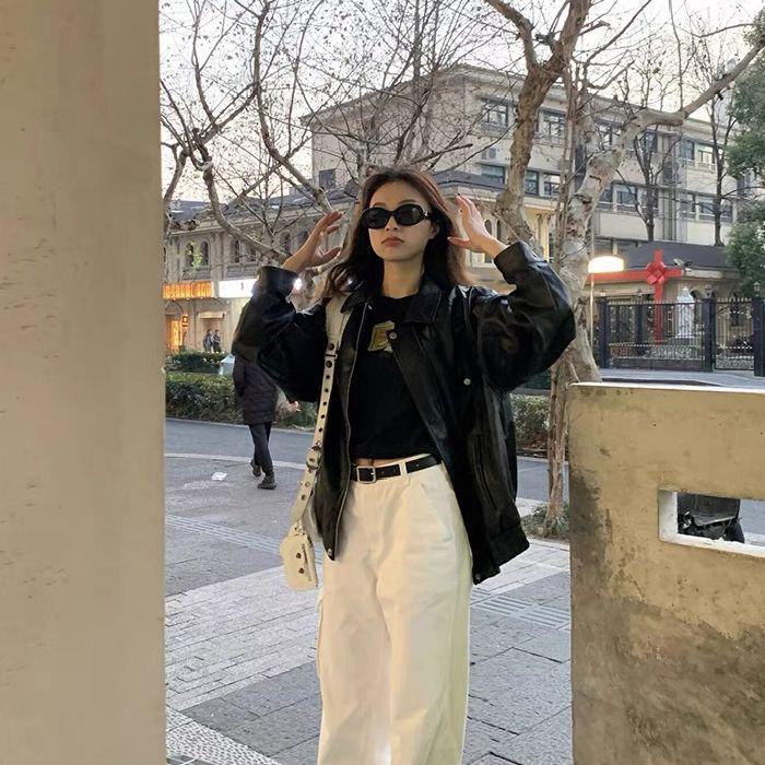 Damen Retro Slimming Motorradjacke aus Kunstleder - Frühling/Herbst