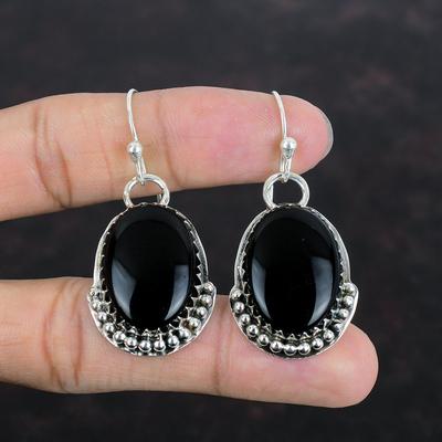 Boucles d'oreilles en onyx noir, pierres précieuses naturelles, argent sterling 925, faites à la main, bijoux en onyx noir, cadeaux pour femme, boucles d'oreilles antiques
