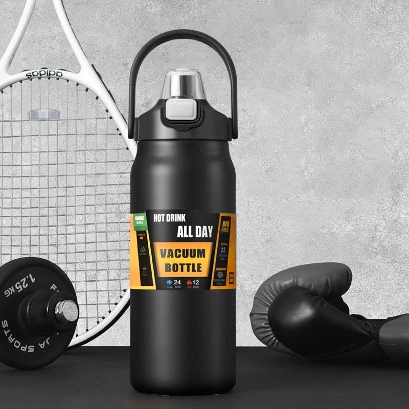 

1500 мл Портативный термос с соломинкой, для спорта на открытом воздухе, из нержавеющей стали, термокружка, тамблер, дорожные вакуумные фляги, бутылка для холодной/горячей воды 800ml чёрный