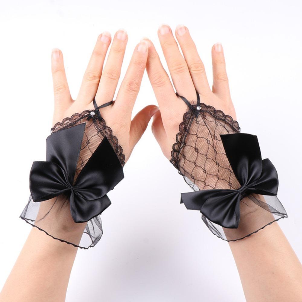 

1 pair Mesh Hollow Mesh Hand Sleeves with Handmade Ribbon Bow Bride Sheer Gloves Bridal Wear чёрный