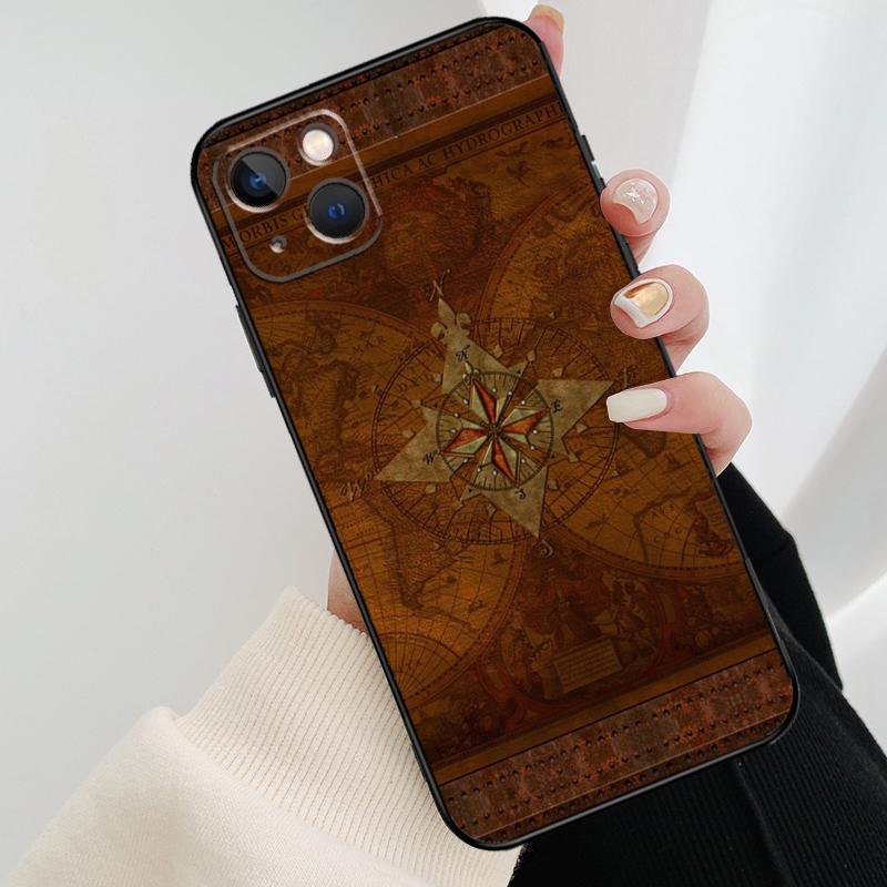 World Map Compass Nautical Phone Case For iPhone 11 12 13 14 15 16 Pro Max Mini X XR XS Max Plus Cover Funda