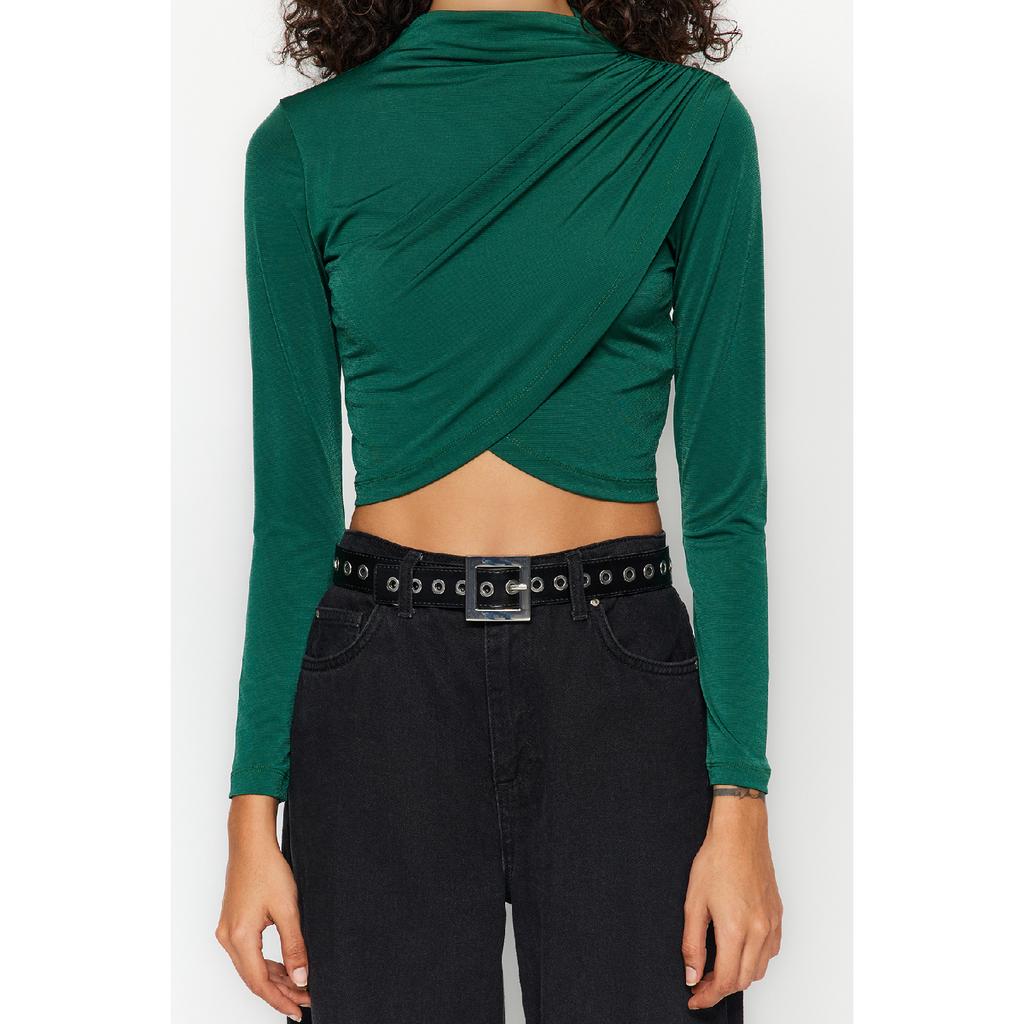 Bluză neagră drapeată cu guler înalt Twoaw24bz00164