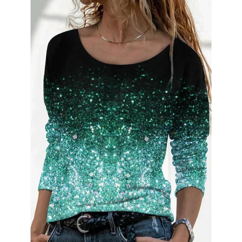 Women's Floral Print Gradient Long Sleeve Top Casual Crew Neck 3D Rose Print Tunic Shirt