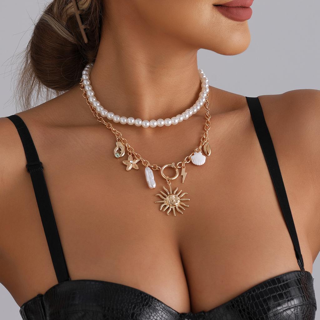 Summer Beach Vacation Leisure Wind Multi-element Starfish Sun Necklace Personalized Pearl Necklace
