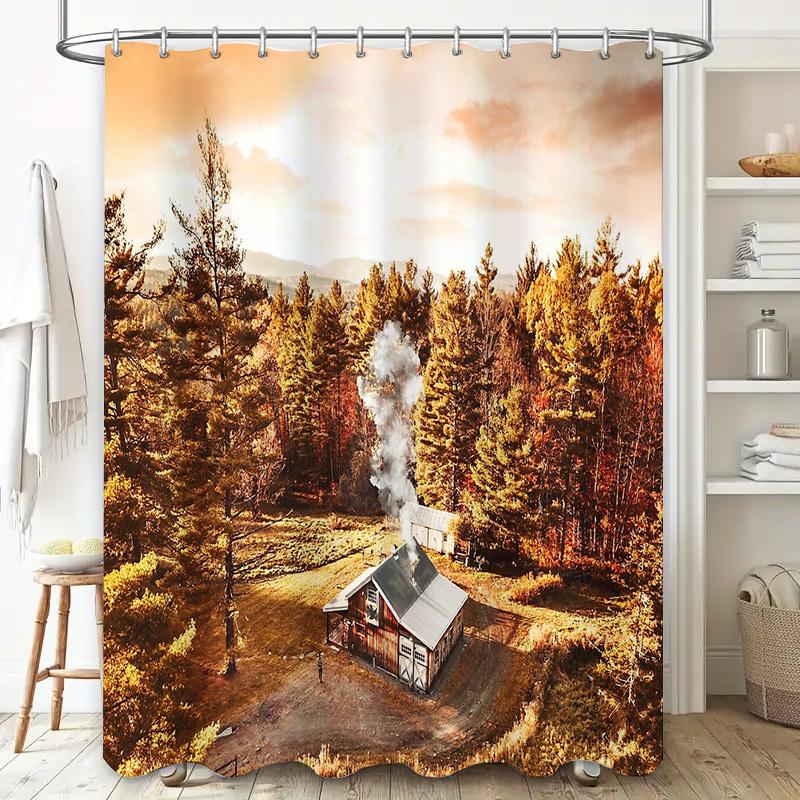 Rustic Cabin Forest Landscape Shower Curtain Vintage Woodland Home Decor Nature Scenic Bathroom Set Artistic Wall Hanging