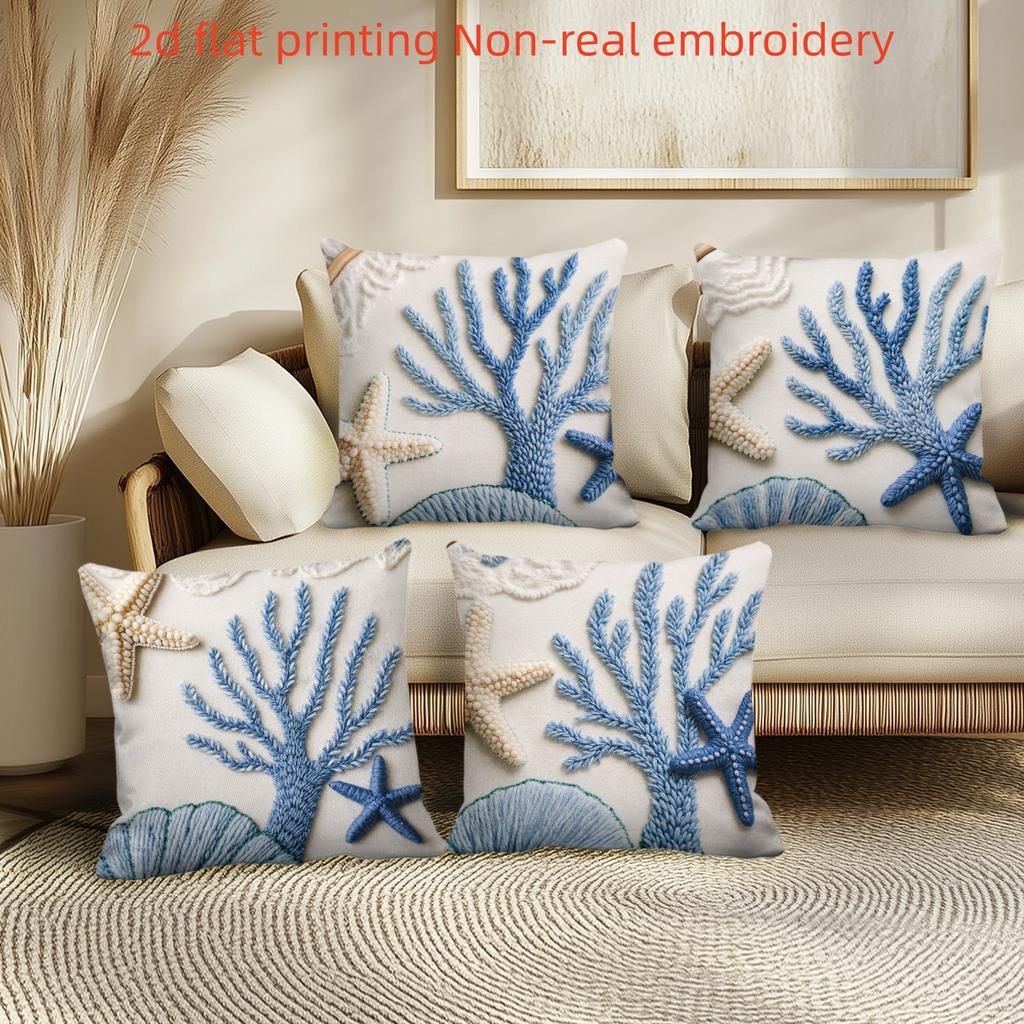 1/4pcs Coastal Ocean Themed Throw Pillow Covers Blue Coral Starfish Decorative Pillowcases for Home Living Room Bedroom Sofa