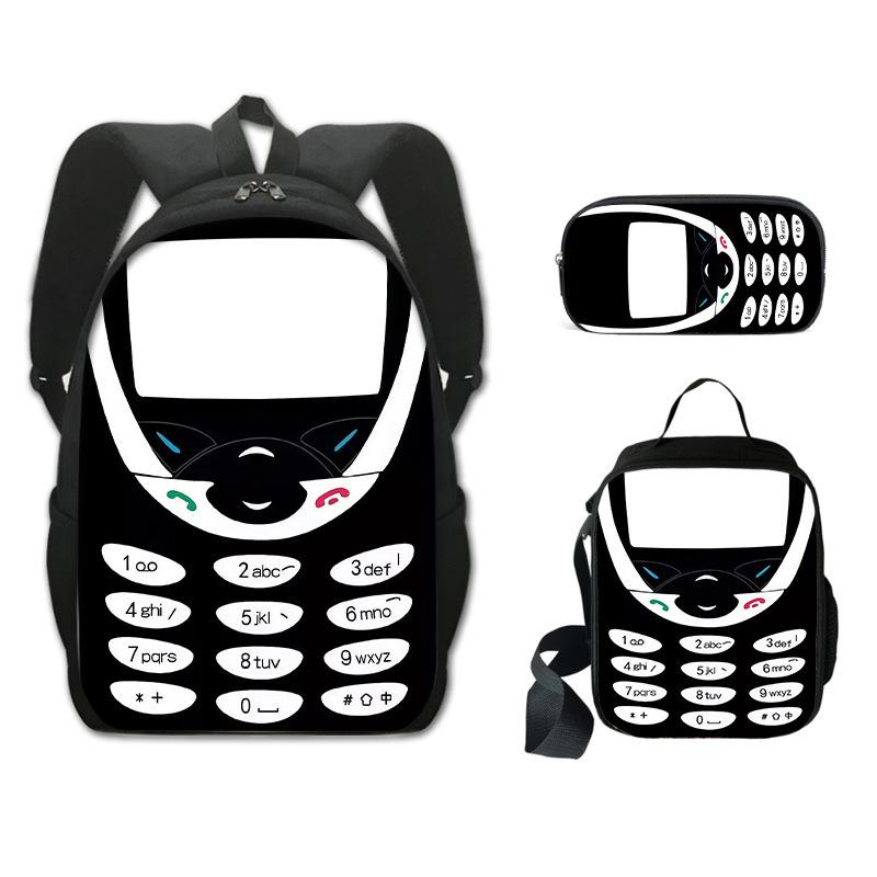 Calculatrice Populaire de Luxe Écran Boutons Téléphone Impression 3D 3 pièces/Ensemble Élève Sacs d'École Sac à Dos pour Ordinateur Portable Sac à Lunch Trousse à Crayons