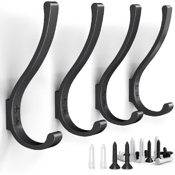 6PCS Large Black Coat Hooks, Heavy Duty Wall Mount, for Hanging, Backpacks, Bathroom, Mudroom, Entryway