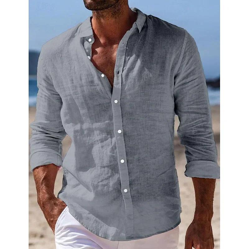 Men Solid Black Linen Long Sleeve Lapel Casual Shirt
