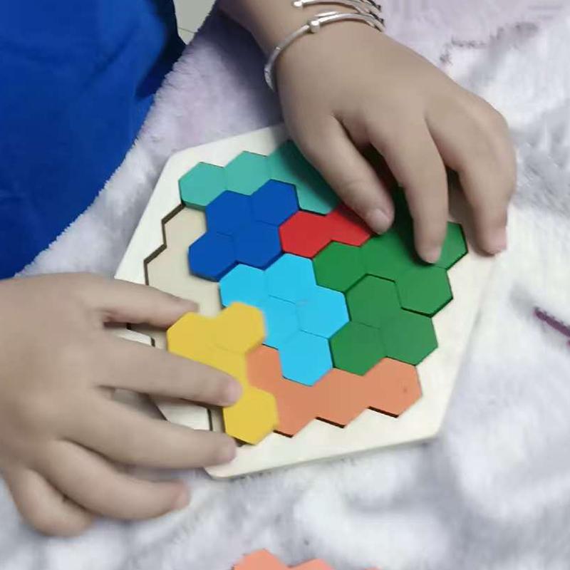 Honeycomb Hexagon Tangram Wooden Geometric Puzzles Challenge Brain Teaser IQ Logic Training Kids Montessori Edcuational Toys