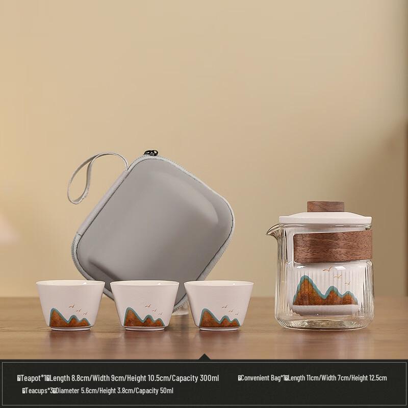 Qianli Jiangshan Portable Ceramic Tea Set One Pot, Three Cups + Storage Bag