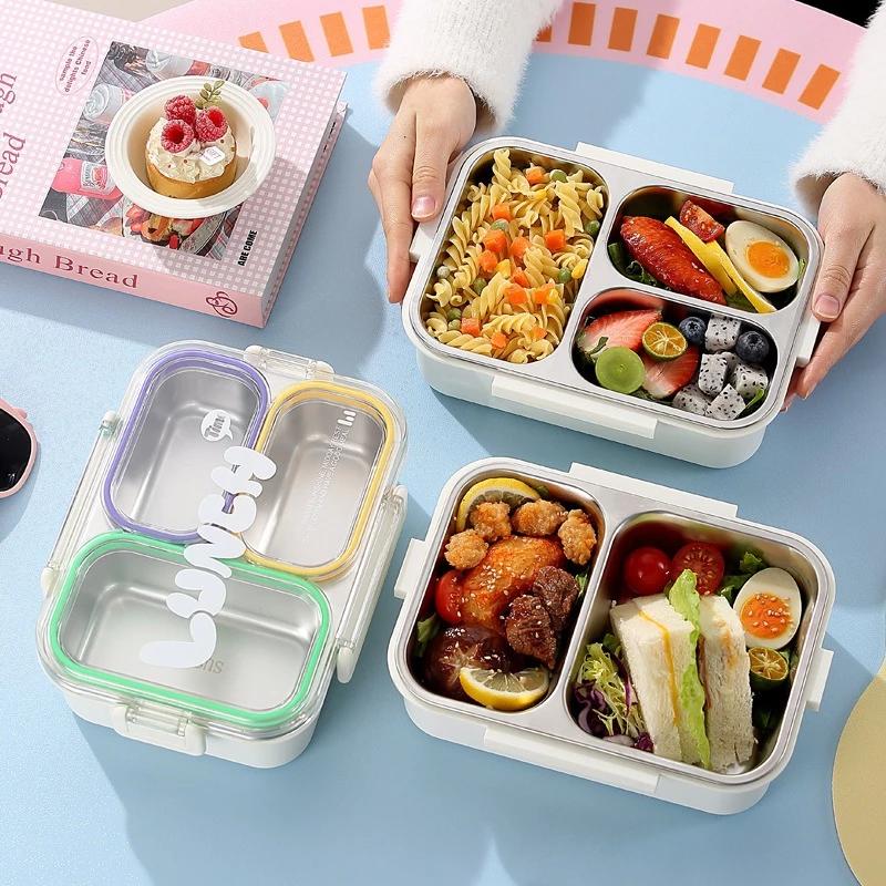 304 Stainless Steel 720Ml Leak Proof Lunch Box 3 Compartments With Cutlery For Kids School Office Outdoor Picnics