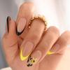 Black Yellow French Tip Press on Nails with Flower Design Long Almond Natural Glue on Nail Glossy Acrylic False Nails Reusable Artificial Stick on