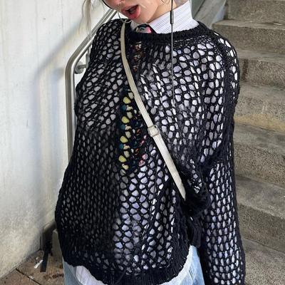 Harajuku Hollow Out pletené svetry Crewneck Podzimní Vintage Fairycore Grunge Top Fashion Retro Smock Svetr