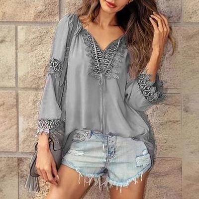 Women Tops V-Neck Embroidery Lace Trim Lace-up Long Sleeve Pullover Tops Solid Color Loose Fit Casual Style Shirt